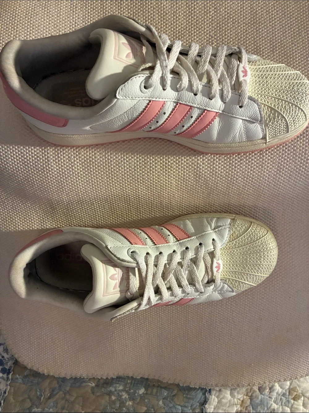 adidas Superstar White & Pink Women's Low-Top Sneakers & rubber shell toe.
